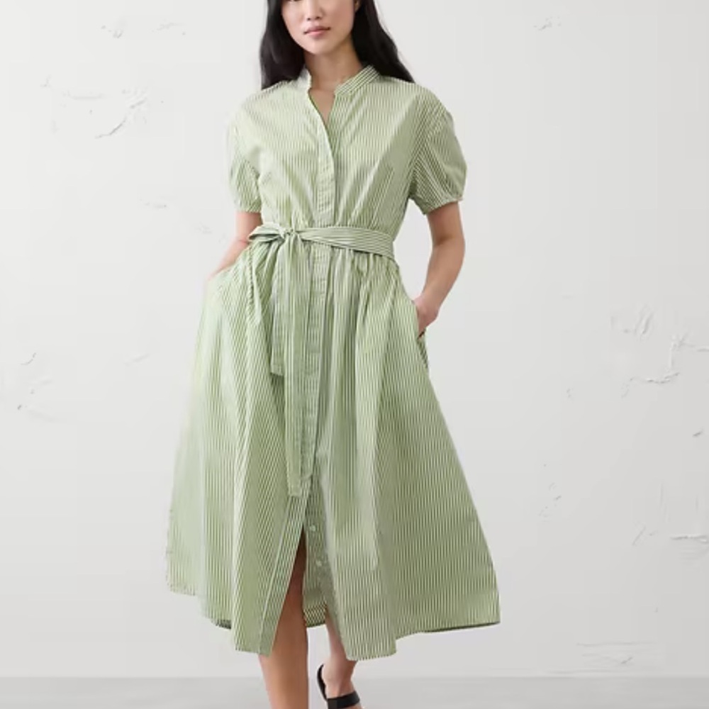 NWT NEW Banana Republic Striped Tie-Waist Midi Shirt Dress Green $140.00 NEW